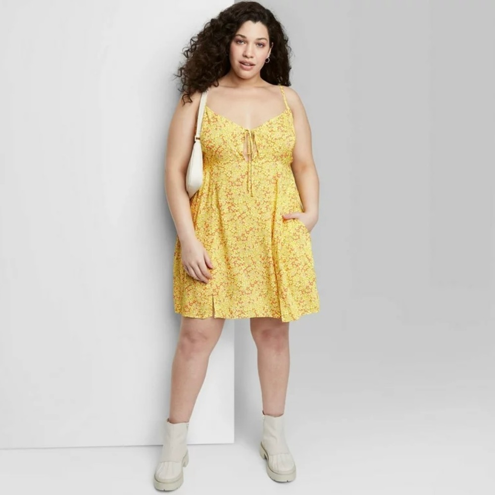 Wild Fable Yellow Floral Tie Front Fit & Flare Dress